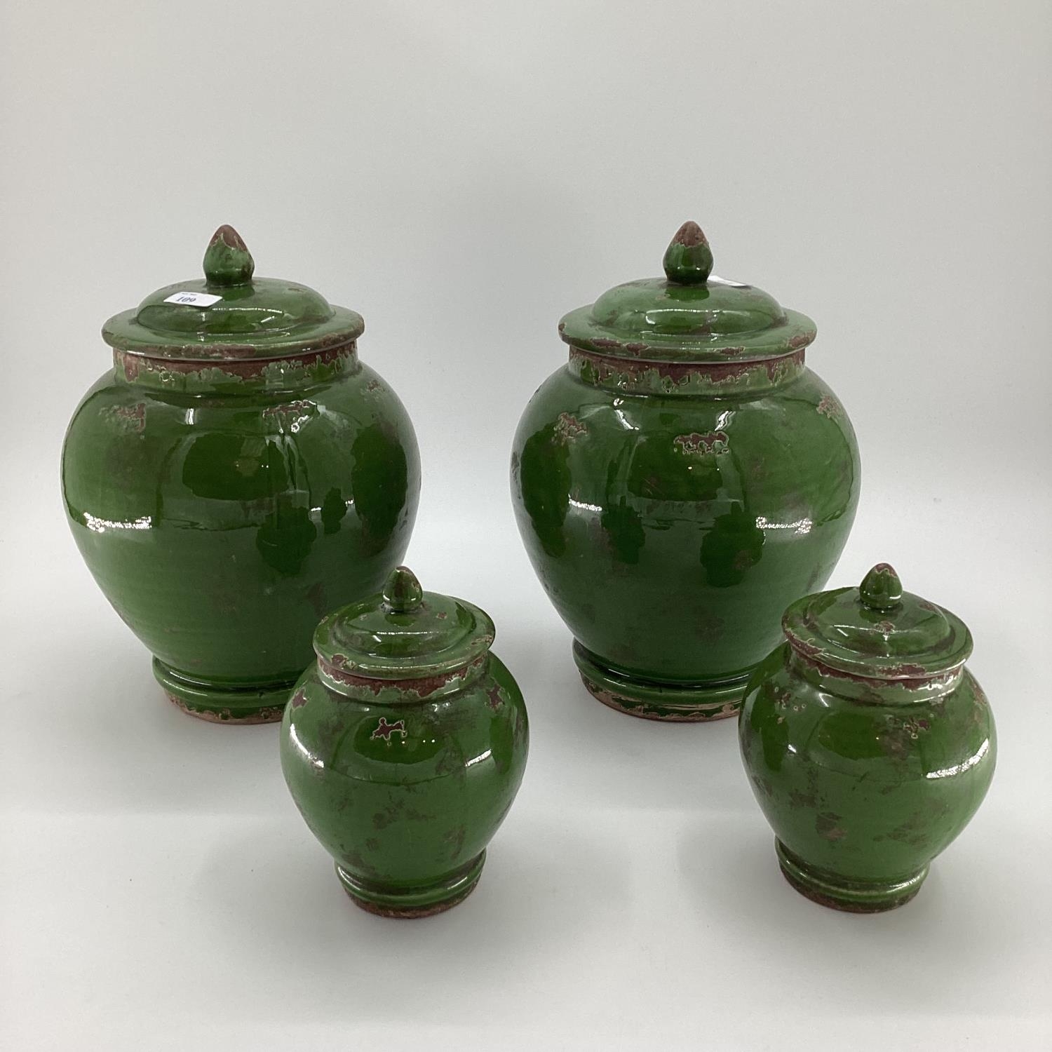 Set of 4 decorative modern green ginger jars and covers, approx height of tallest 33cm; no sign of - Image 2 of 5