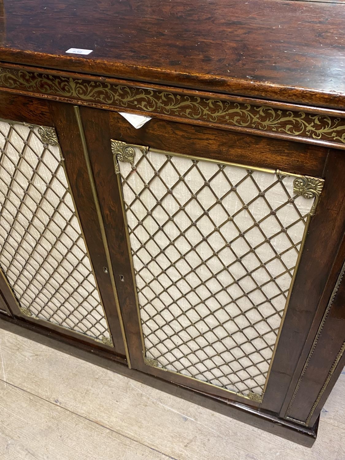 Good Regency brass inlaid rosewood chiffonier with mirrored back below brass galleried shelf above a - Image 7 of 10