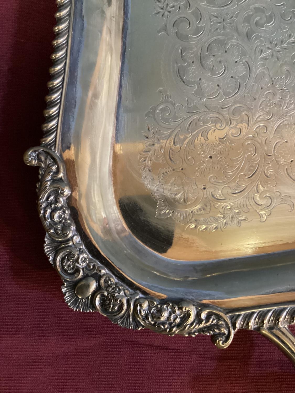 A large oblong silver plated tray, cast border, chased decoration with loop handles 69 cm x 41 cm, - Image 23 of 25