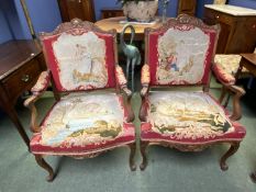 Pair of good French show framed arm chairs, upholstered in a tapestry back seat and arms, on