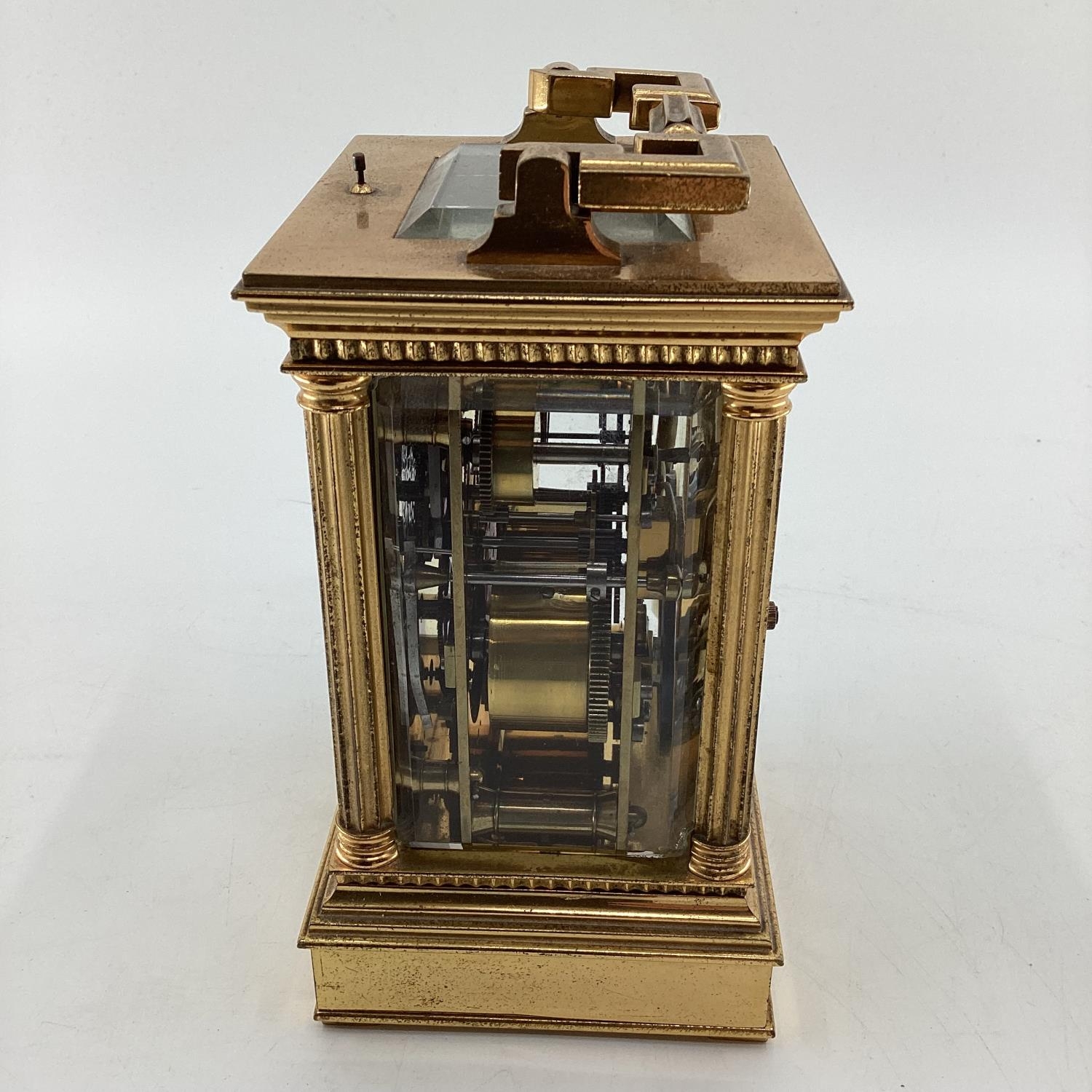 A gilt brass carriage clock, with five glass panels, striking on a gong. - Image 3 of 7