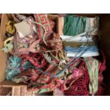 Box of haberdashery curtain trimmings etc, all as found