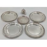 A small Egyptian silver lidded bowl together with a set of four silver plated dishes and one smaller