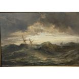 A C19th oil on board of a ship in stormy seas, in a gilt frame (unsigned)