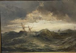A C19th oil on board of a ship in stormy seas, in a gilt frame (unsigned)