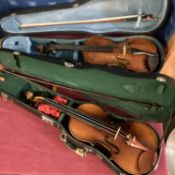 Two cased C20th violins, both with bows, label to one interior, dated 1962, see all images