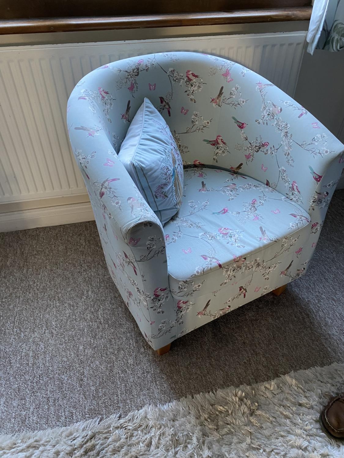 A small floral upholstered tub armchair , a brown upholstered tub arm chair and two square cubed - Image 4 of 4