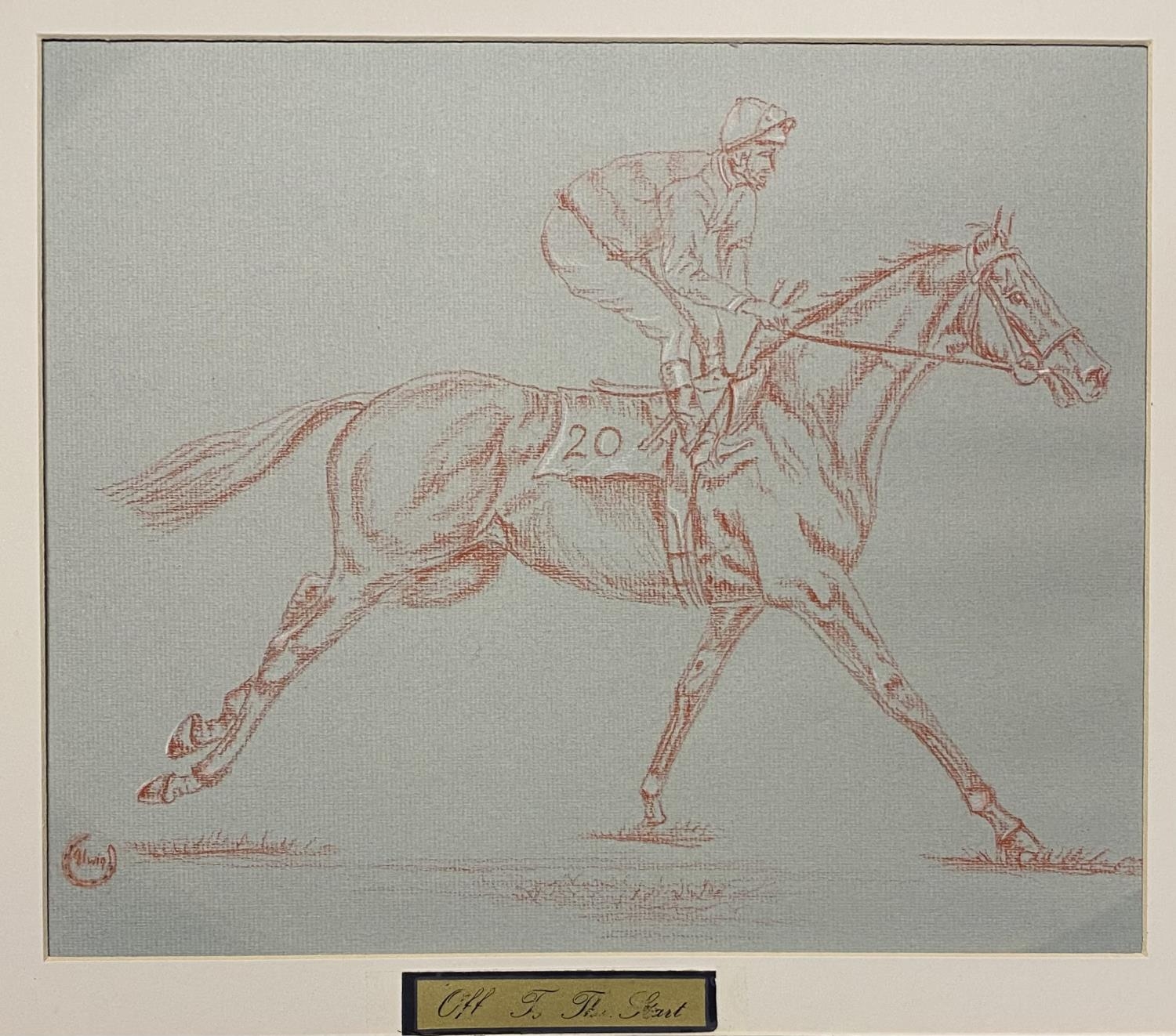 A print of a horse and jockey in an unglazed frame