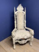 Shabby chic throne chair, part painted in a cream/grey paint, and upholstered in a sheepskin seat