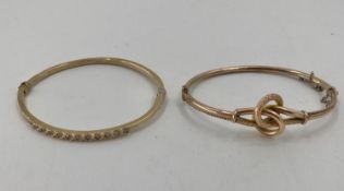 Two 9ct gold bangle bracelets, one set with 12 single cut diamonds, 10g