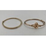 Two 9ct gold bangle bracelets, one set with 12 single cut diamonds, 10g