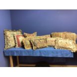 Ten good quality needlepoint/tapestry/velvet cushions, some with tassels, see all images for details