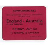 England v Australia 1934. Large rare official 'Complimentary' card match ticket for the 3rd Test