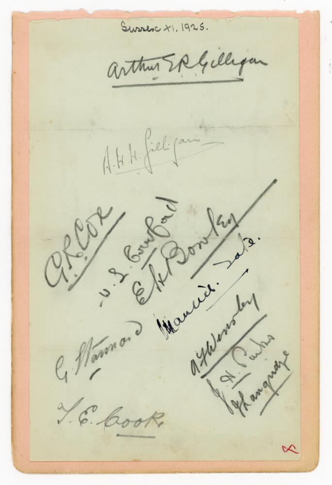 Sussex C.C.C. 1925. Album page laid down to slightly larger page, signed by eleven members of the