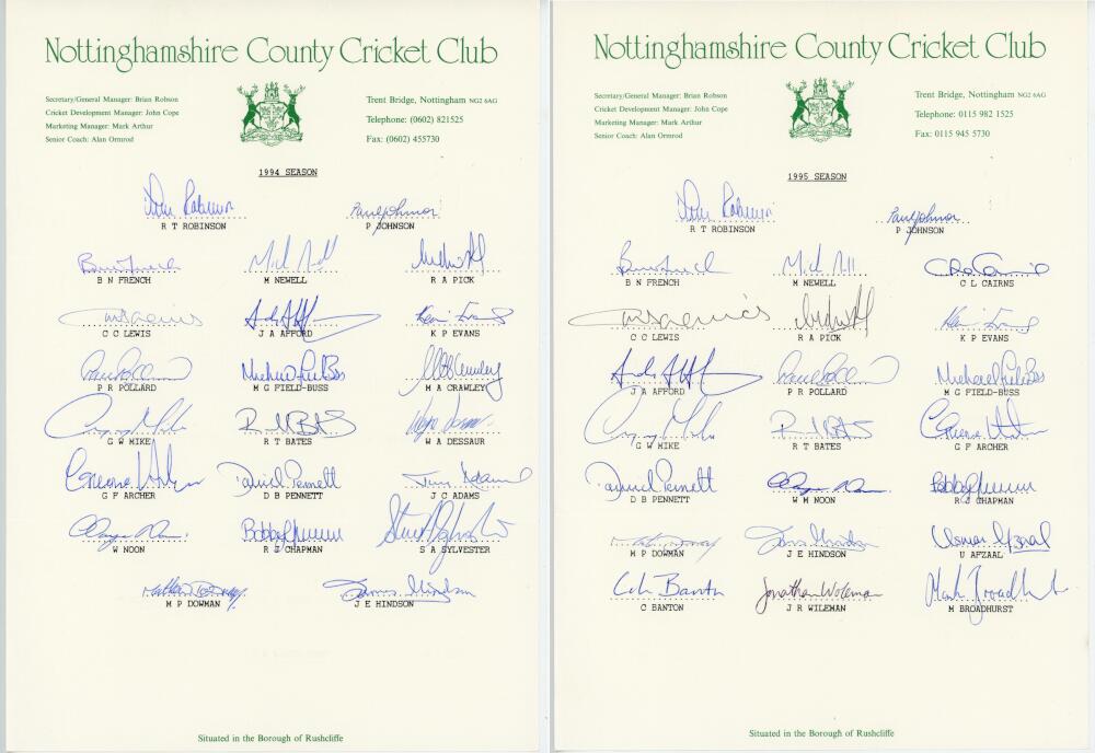 Nottinghamshire C.C.C. 1994-1997. Four official autograph sheets for the 1994,1995, 1996 and 1997