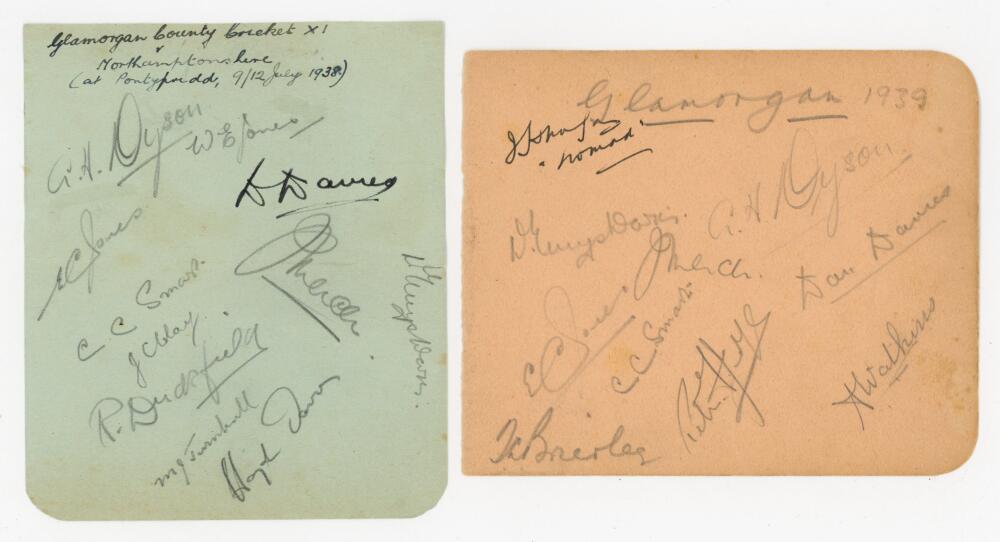 Glamorgan C.C.C. 1938 and 1939. Two album pages, one signed in pencil (one in ink) by eleven members