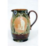 Cricketing jug. A large and impressive Doulton Lambeth stoneware jug, of bulbous form, with three