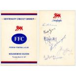 'Centenary Cricket Dinner' 1977. Official menu for the dinner given by Fitzroy Football Club at