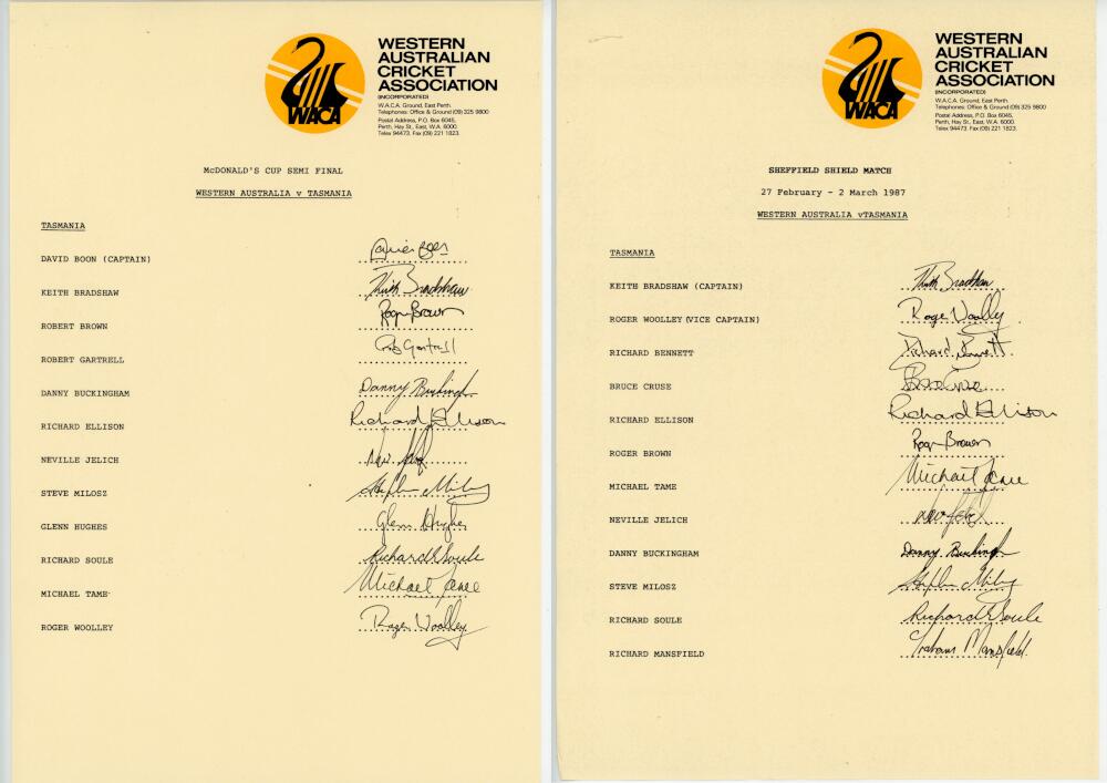 Western Australia v Tasmania 1987-1990. Five official Western Australia autograph sheets for matches