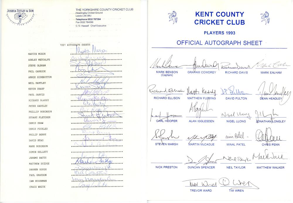 County autograph sheets 1991-2004. Five official autograph sheets for Yorkshire 1991 (twenty three