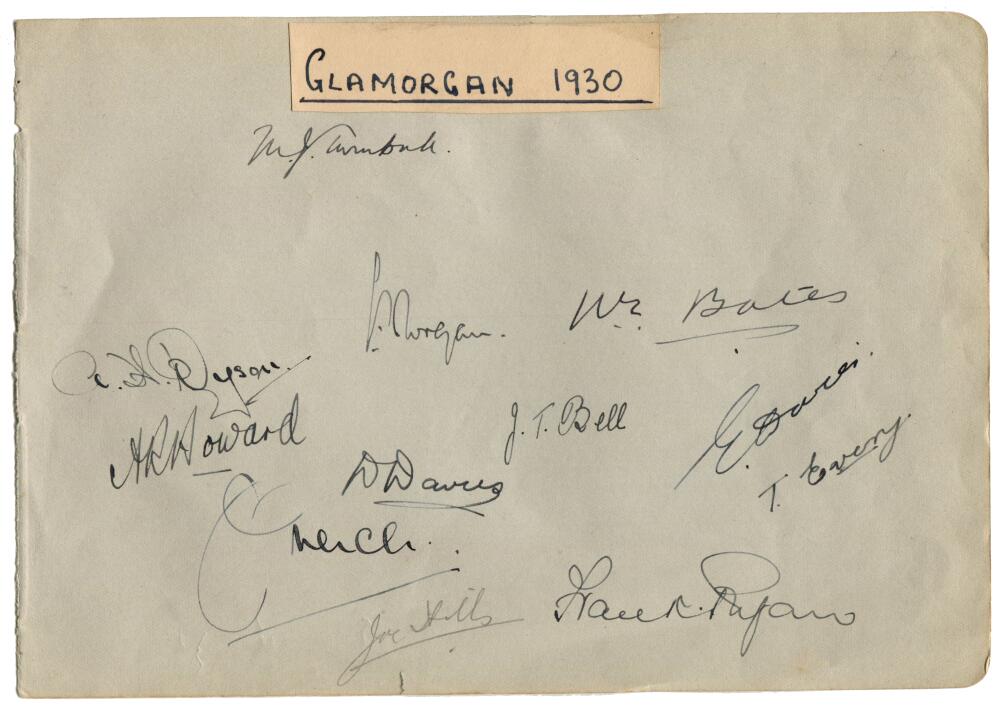 Glamorgan 1930. Large album page nicely signed in ink, one in pencil, by twelve members of the
