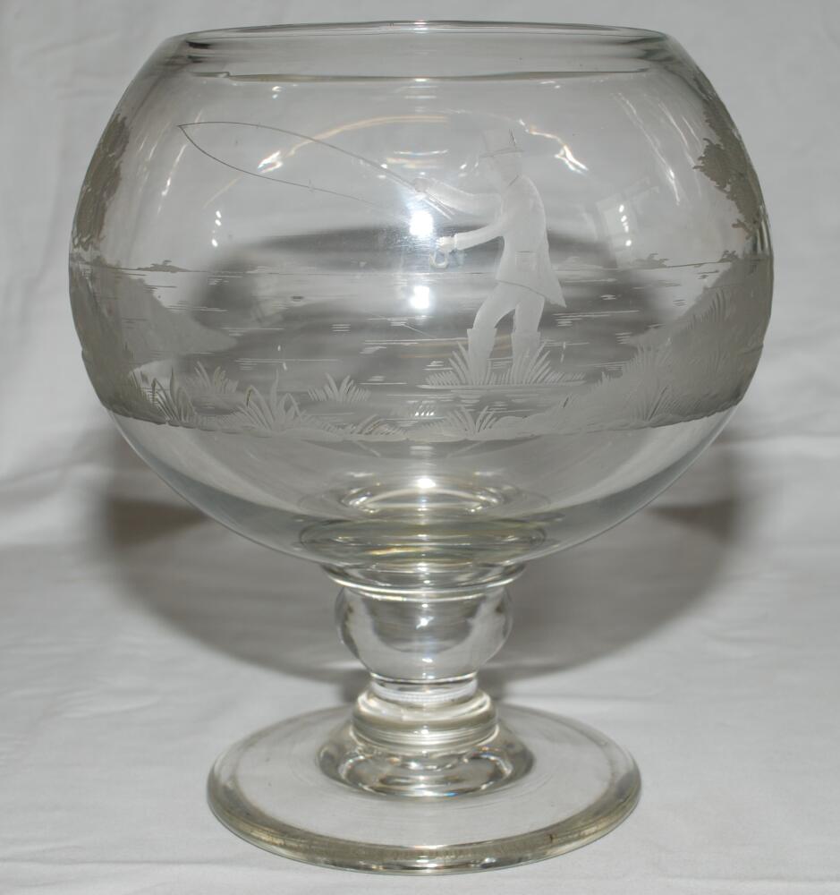 Fishing. A fine large nineteenth century (c.1885) glass Stourbridge bowl on baluster stem and