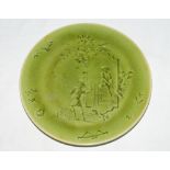 Cricket plate. A Rare Choisy Le-Roi Majolica green cricket plate depicting an Asian cricket match in