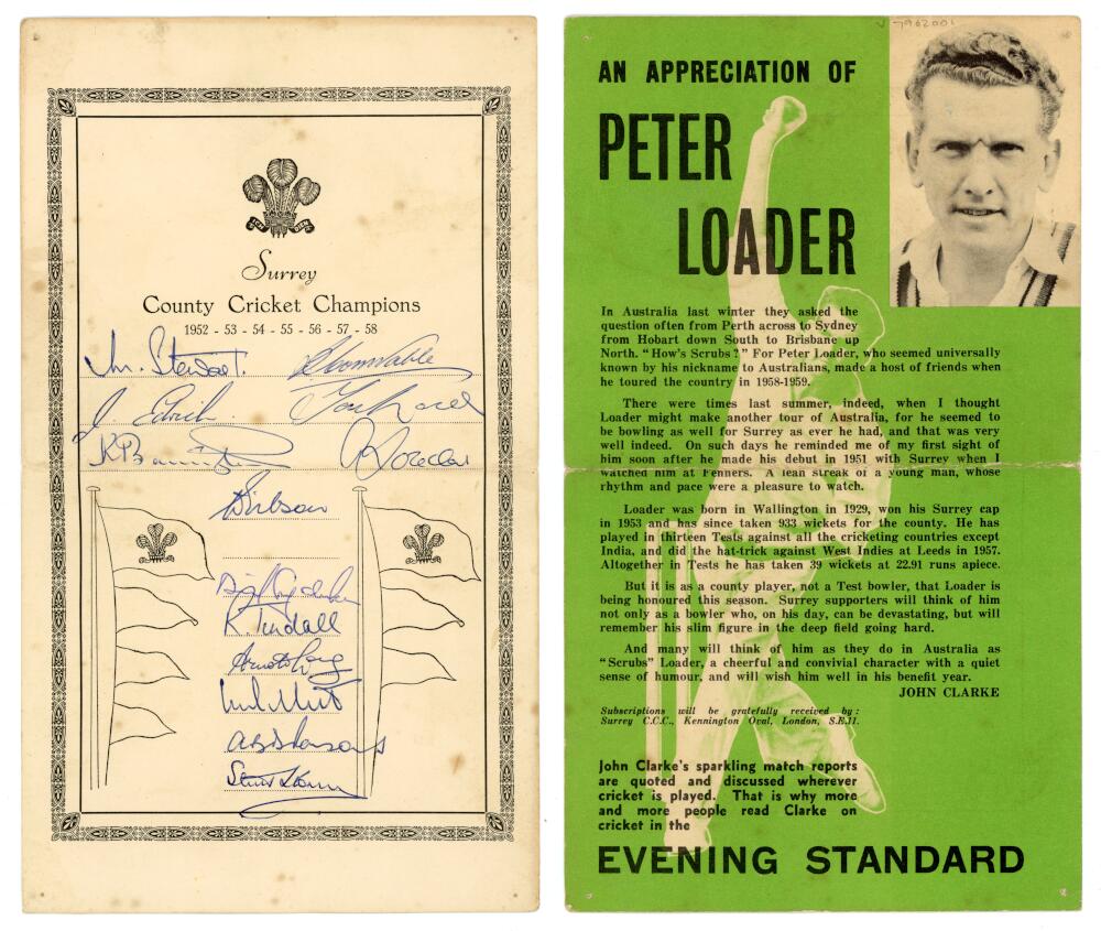 Surrey C.C.C. 1936 and 1958. Album page signed in pencil by ten players who played in the drawn - Image 2 of 2