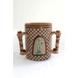 Doulton Lambeth stoneware tyg. Large and impressive tyg with three moulded relief vignettes of