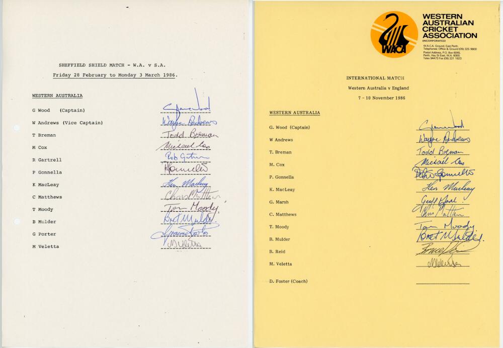 Western Australia 1986-1991. Six official autograph sheets for Western Australia teams for home