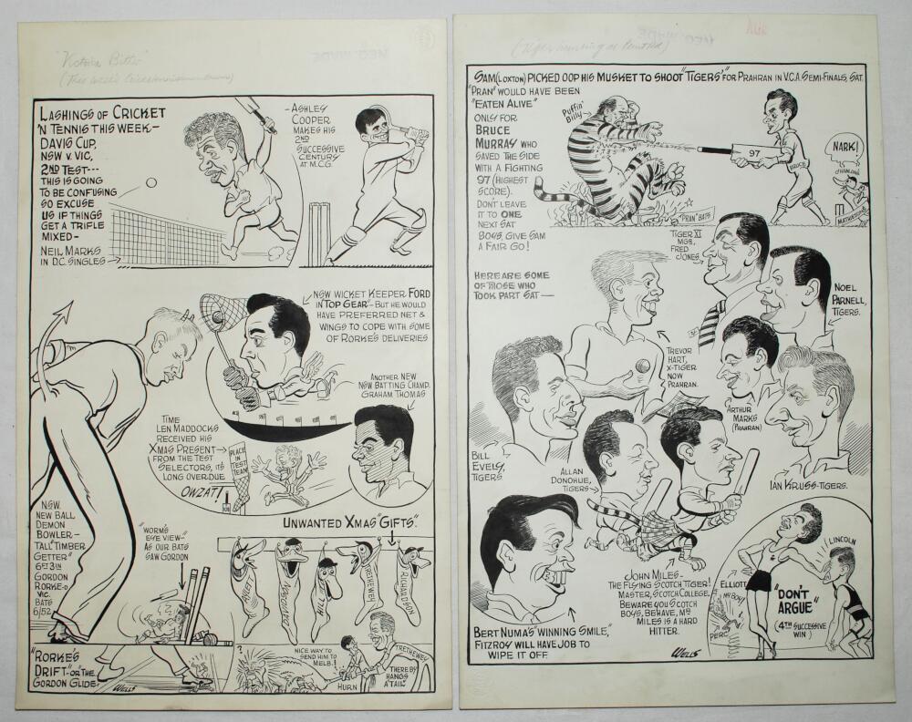 Samuel Wells cartoons. 1954-1966. Three excellent large original pen and ink caricature/ cartoon