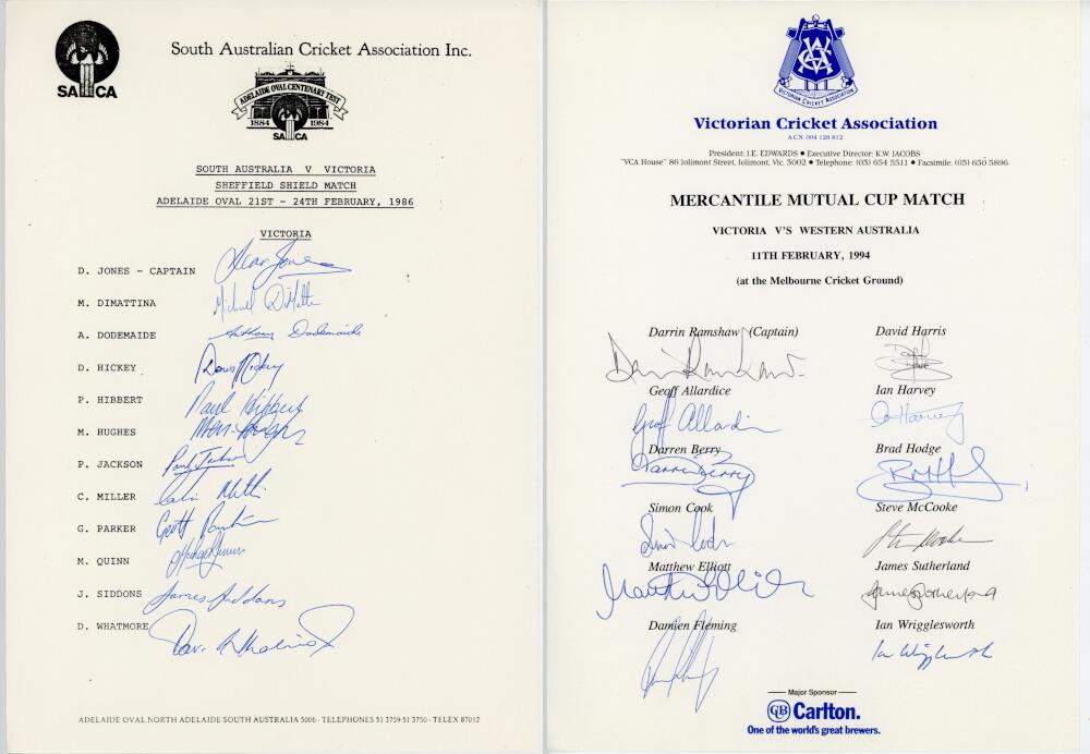 Victoria 1986-1997. Four official autograph sheets for Victoria teams for home and away matches in