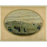 'The Noble Game of Cricket 1787'. An early oval, hand coloured engraving of a cricket match in