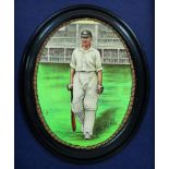 Jack Hobbs. Surrey & England. Oval wall plaque with portrait of Hobbs walking out to bat with stands