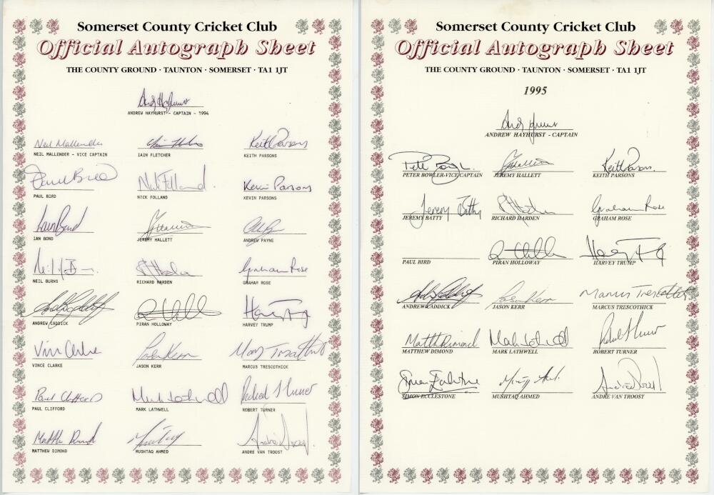 Somerset C.C.C. 1994-1997. Four official autograph sheets for the 1994,1995, 1996 and 1997