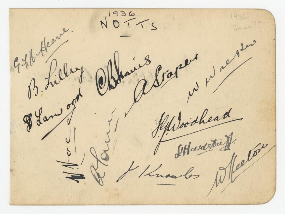 Nottinghamshire C.C.C. 1936. Album page nicely signed in black ink by twelve members of the 1936
