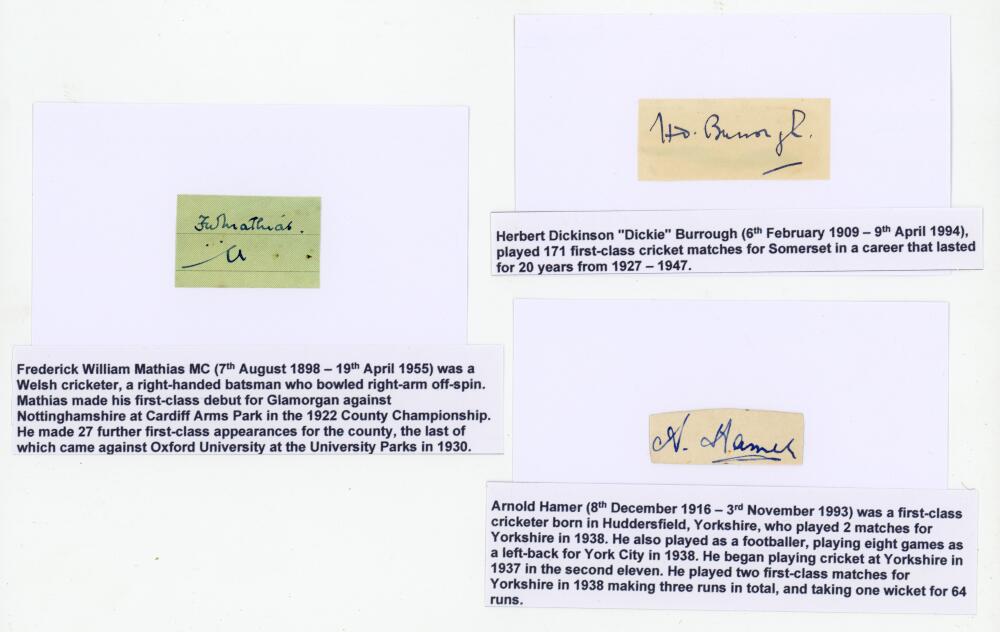 Cricket signatures. Three good individual signatures in ink on piece, each individually laid to