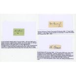 Cricket signatures. Three good individual signatures in ink on piece, each individually laid to