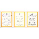 Signed M.C.C. menus. Three official menus for dinners held at Lord's. Two copies of the 'Anniversary