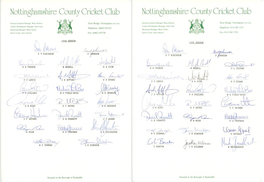 Nottinghamshire C.C.C. autograph sheets 1994-1997. Three fully signed official autograph sheets