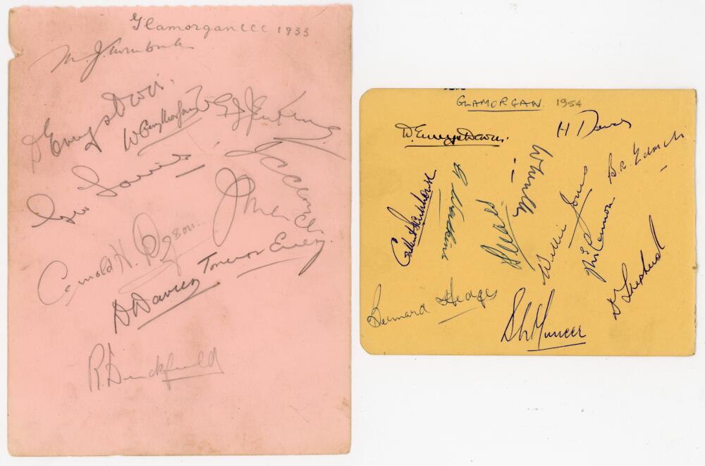 Glamorgan C.C.C. 1933 and 1954. Two album pages, one signed in pencil by eleven members of the