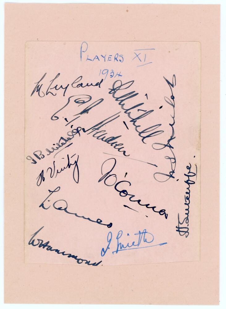 Gentlemen v Players 1934. Album page very nicely signed in black ink (one in blue) by the eleven