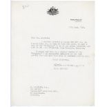 Robert Menzies. Prime Minister of Australia 1939-1941. Single page typed letter on 'Prime