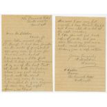 Frederick Ingram 'Fanny' Walden. Northamptonshire 1910-1929. Two page handwritten letter in pencil