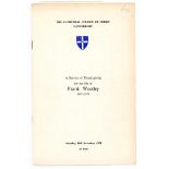 Frank Edward Woolley. Kent & England 1906-1938. Original 'Order of Service' for Woolley's Service of