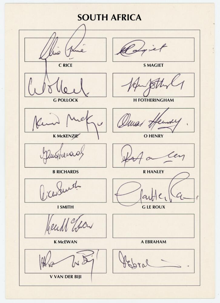 World Masters Cricket Cup, India March 1995. Autograph card with printed title and signature boxes