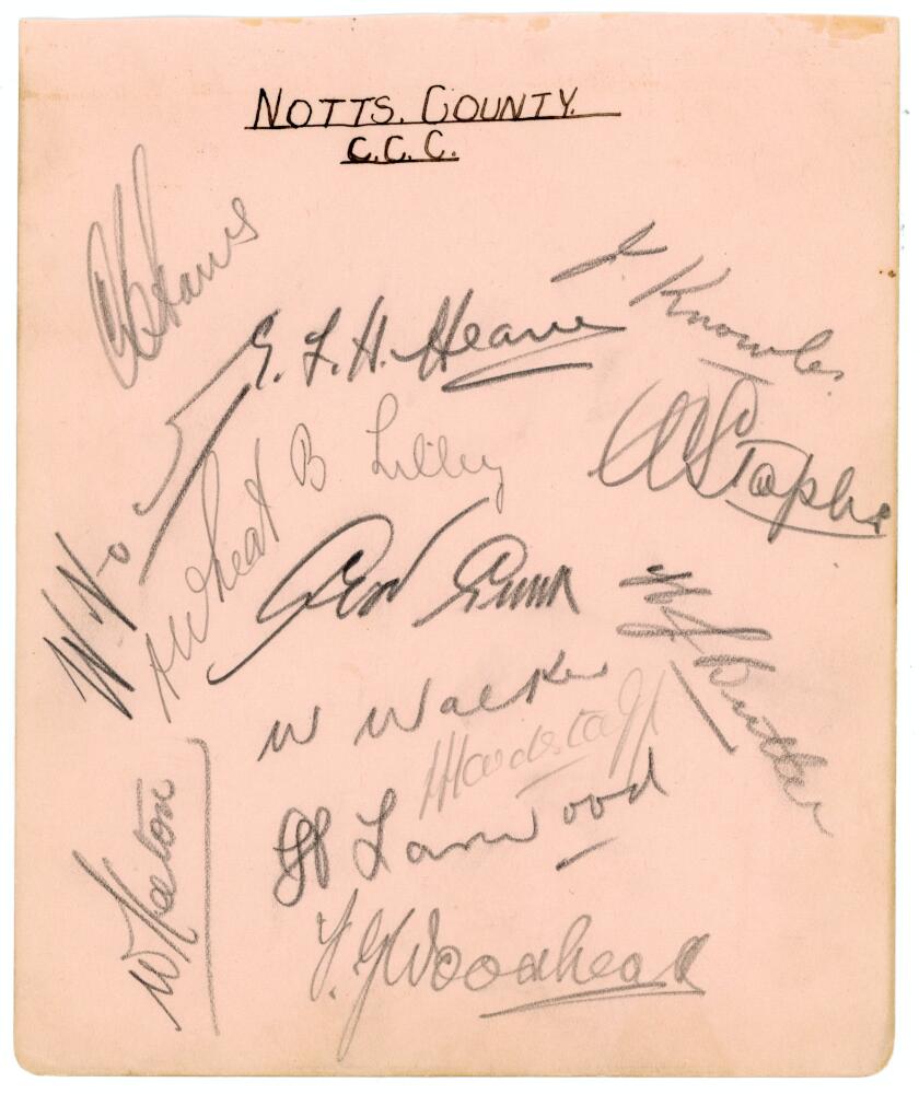 Nottinghamshire C.C.C. c.1937. Album page signed in pencil by fourteen Nottinghamshire players.