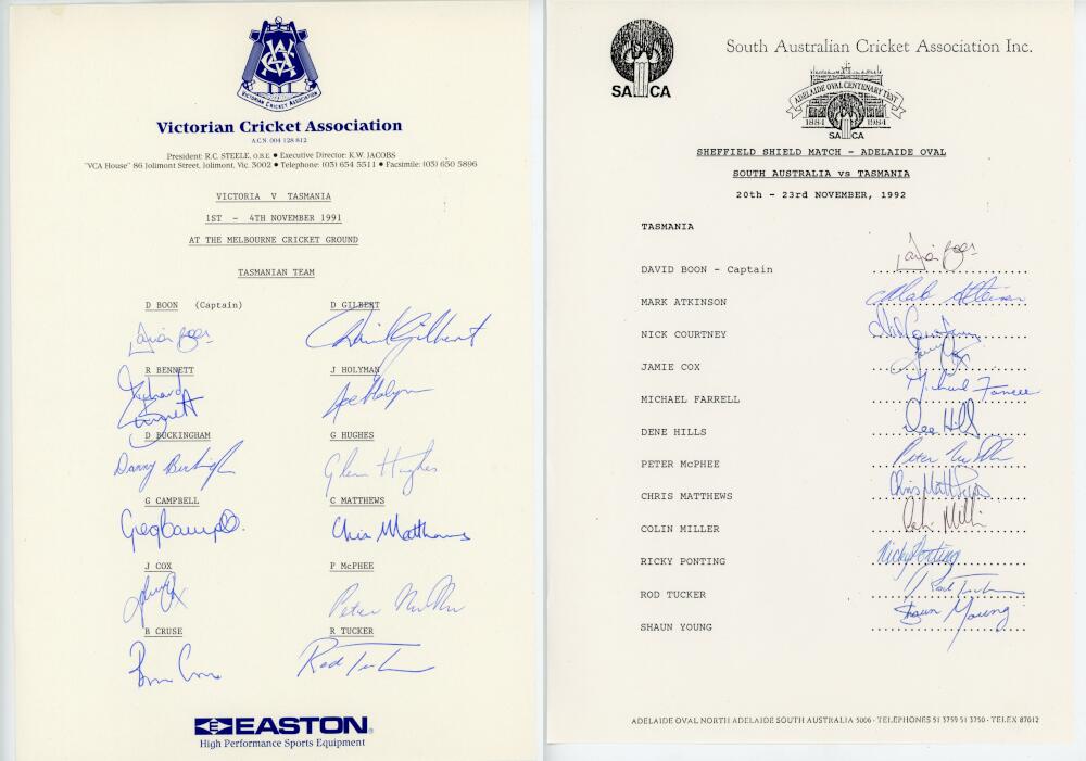 Tasmania 1991-1997. Six official autograph sheets for Tasmania teams for home and away matches in