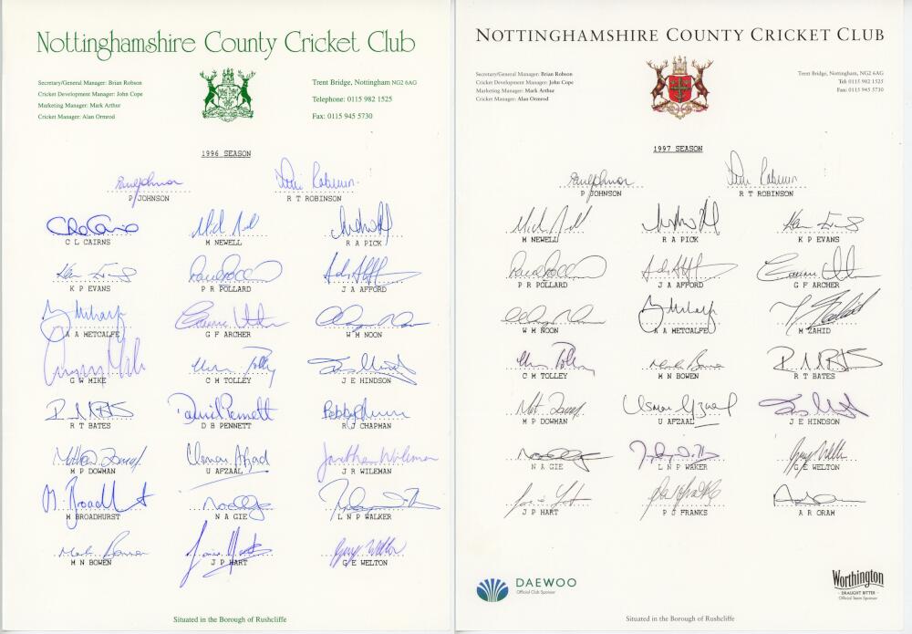 Nottinghamshire C.C.C. 1994-1997. Four official autograph sheets for the 1994,1995, 1996 and 1997 - Image 2 of 2