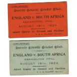 England v South Africa, The Kennington Oval 1924. Pair of rare official 'complimentary' match